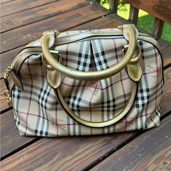 Burberry Haymarket Check Pattern Metallic Handle Thornley Satchel Bowling Bag - Picture 2 of 16
